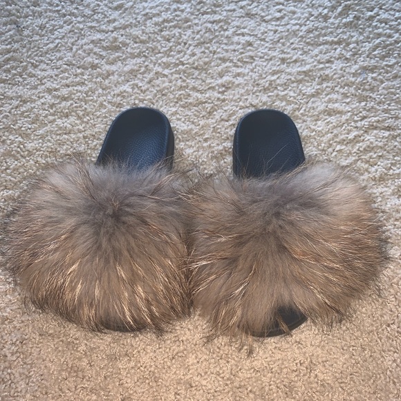 tan fluffy slides
